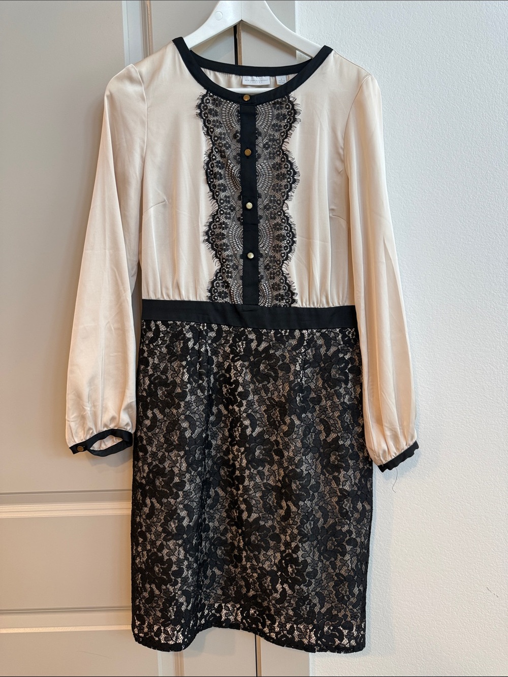 Cream and Black Lace Long-Sleeve Dress - New York & Company - Size 6